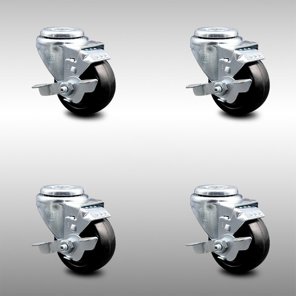 3 Inch SS Hard Rubber Wheel Swivel Bolt Hole Caster Set with Brake SCC